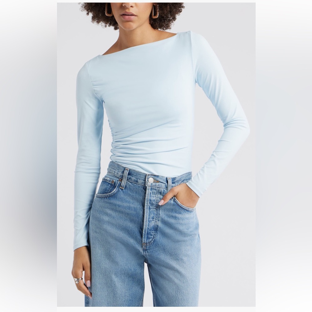 NWT Nordstrom Open Edit Ruched Side Top Blue Delicate Large